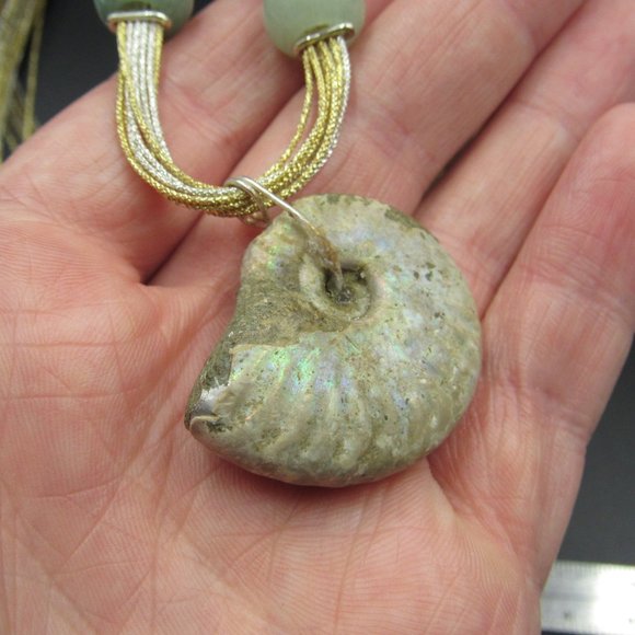 18" Sterling Silver Fossil & Jade Orb Necklace - Picture 3 of 6